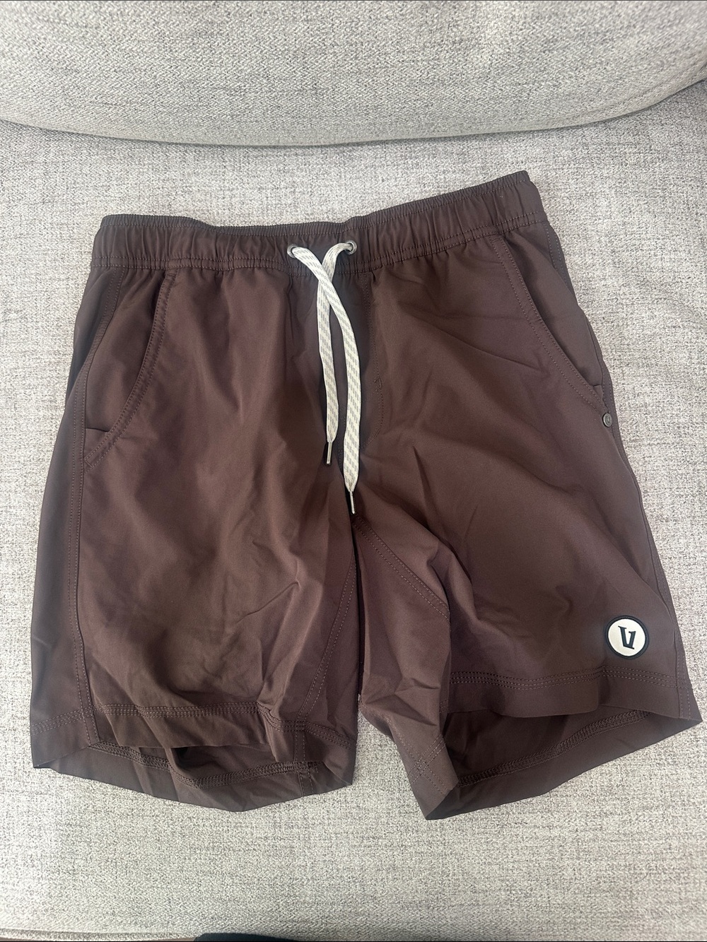 Vuori Chocolate Brown Elastic Waist Swim Shorts with White Drawstring